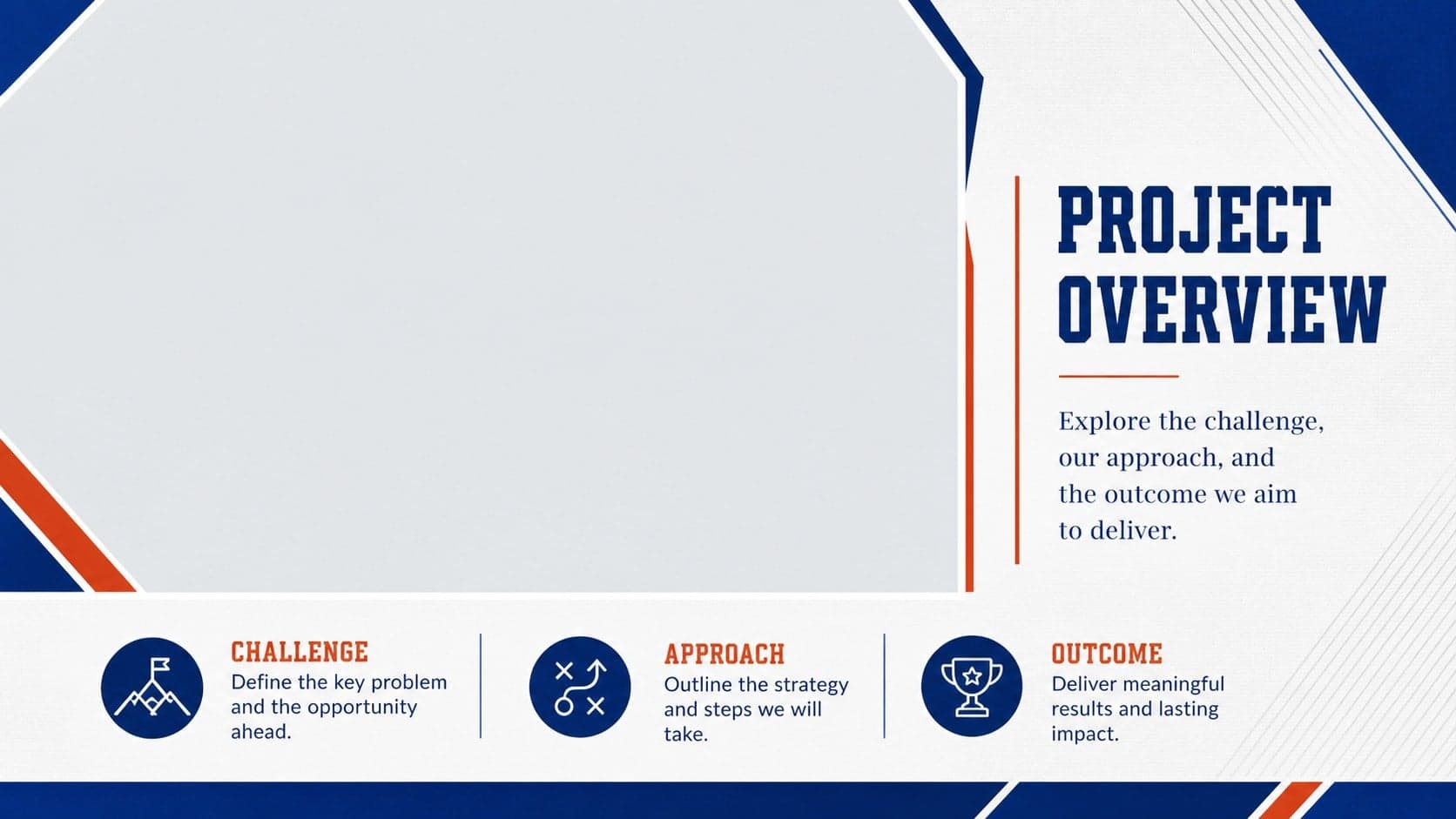 Project overview layout from a blue and red college presentation for university assignments.