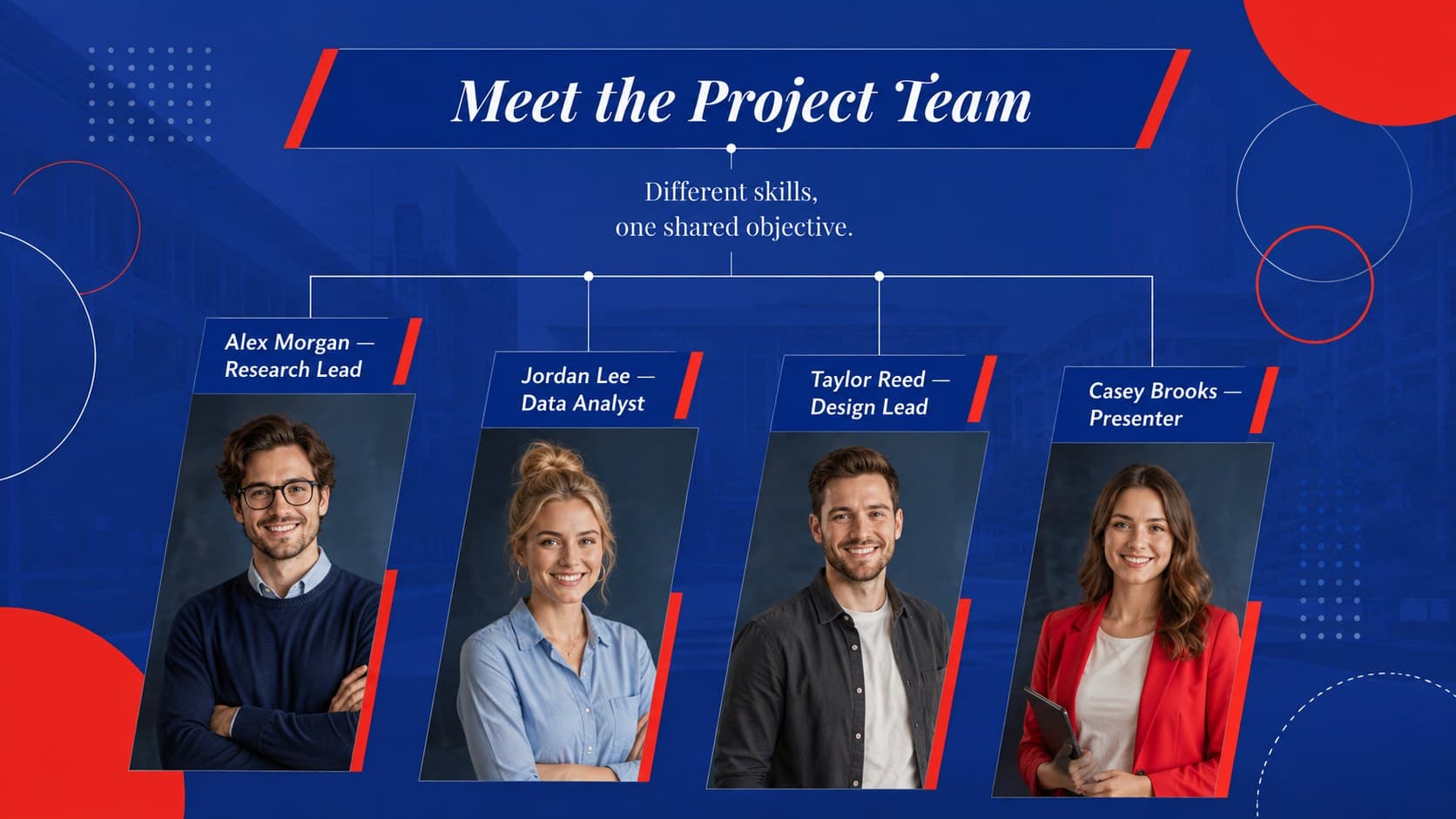 Student team introduction slide for an academic group project PowerPoint.