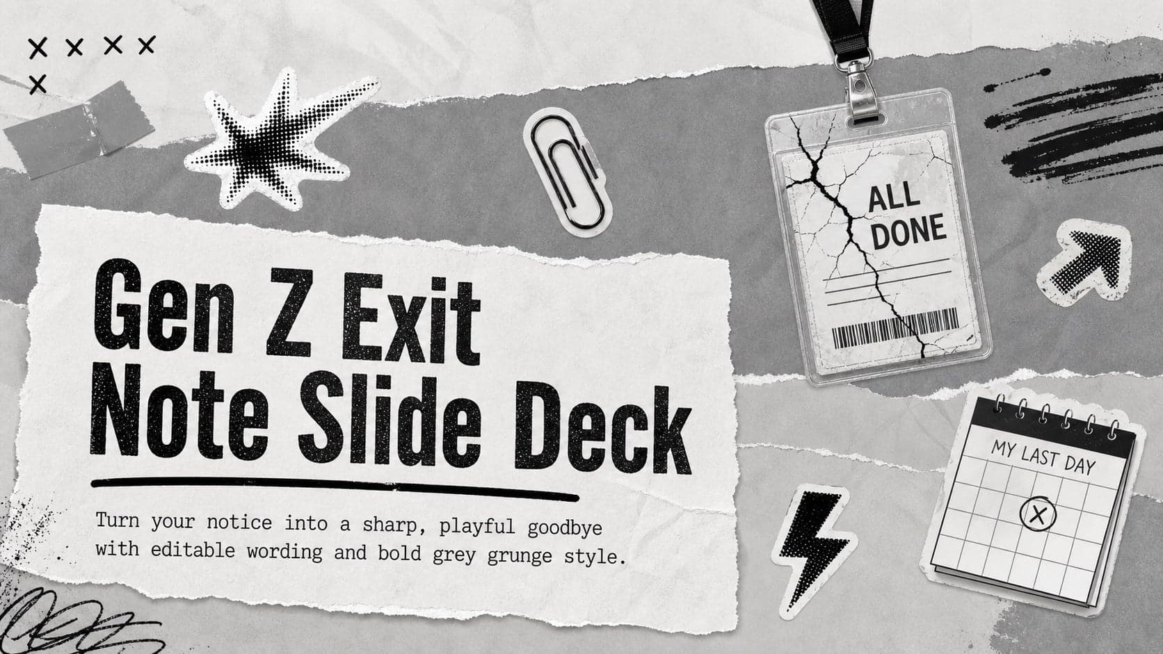 Cover of a Gen Z exit note slide deck with bold grey grunge typography and playful workplace graphics.