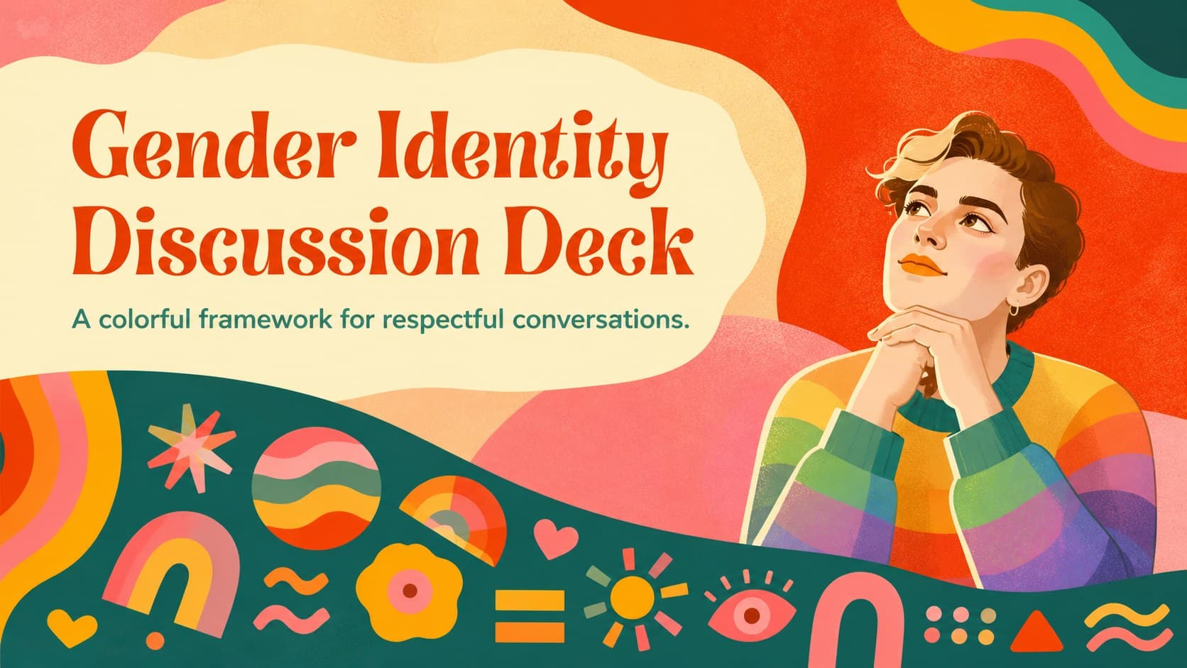 Colorful cover for a gender identity discussion deck with inclusive abstract illustrations and bold red accents.