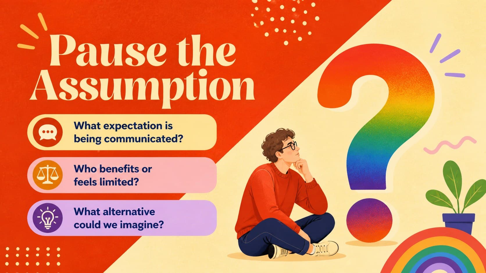Colorful social stereotypes discussion slide with reflection questions about assumptions and their effects.