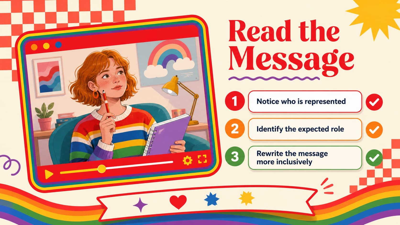 Illustrated media analysis activity examining gender roles in advertisements, stories, social posts, and entertainment.
