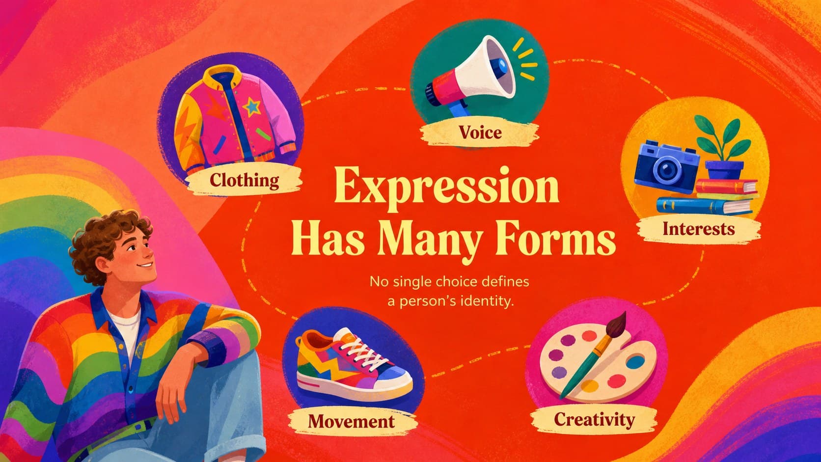 Gender expression lesson presentation slide displaying varied forms of clothing, voice, interests, movement, and creativity.