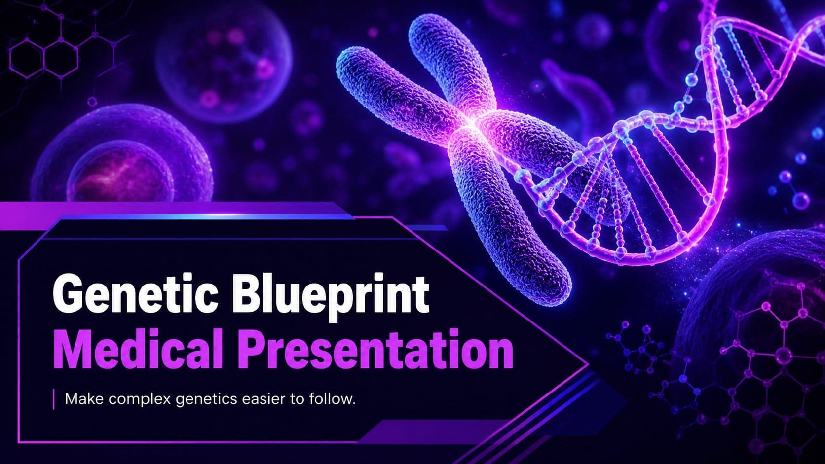 Cover of the Genetic Blueprint Medical Presentation with glowing DNA imagery and a dark purple neon background.