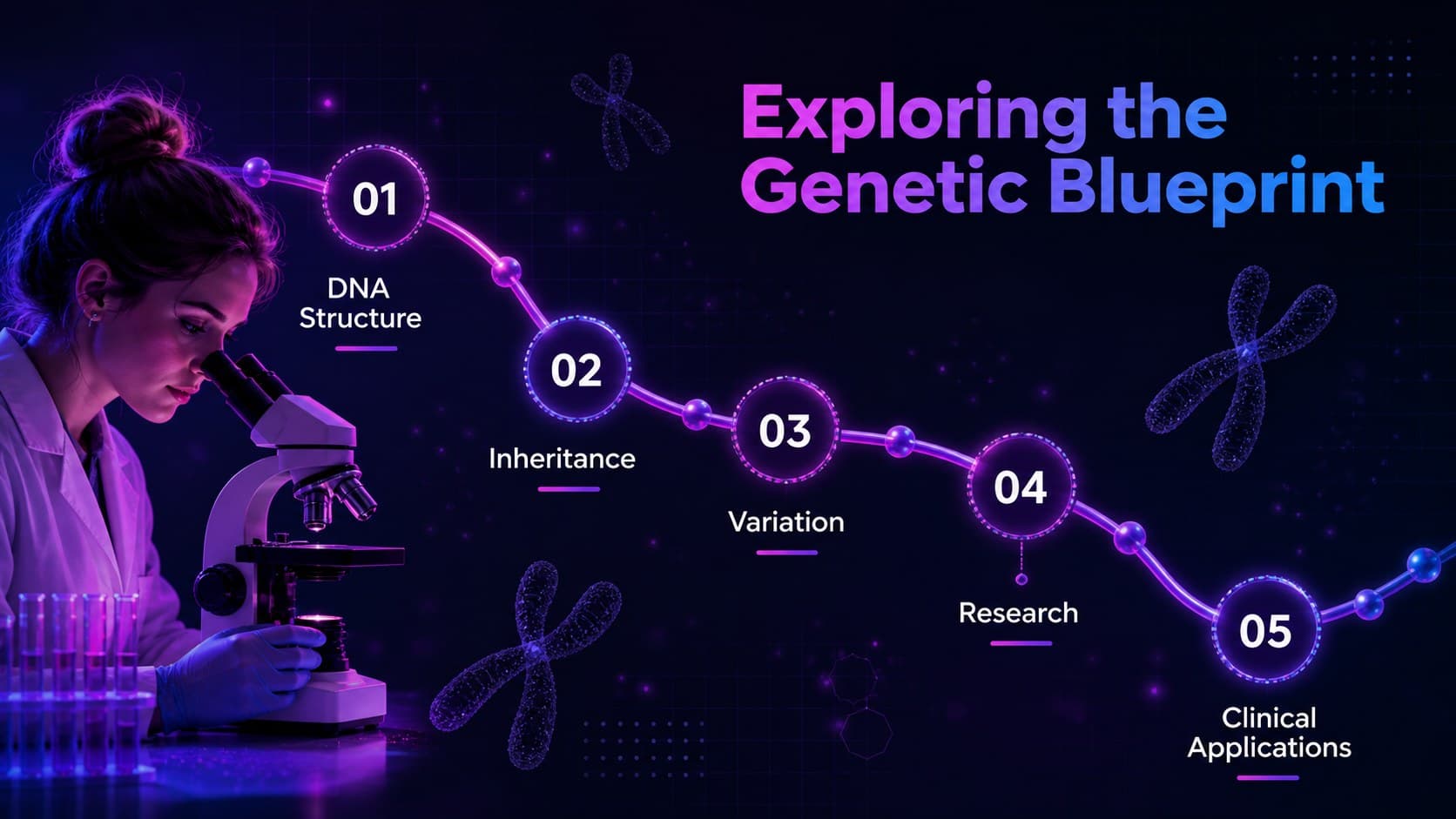 Genetics presentation agenda outlining DNA structure, inheritance, variation, research, and clinical applications.
