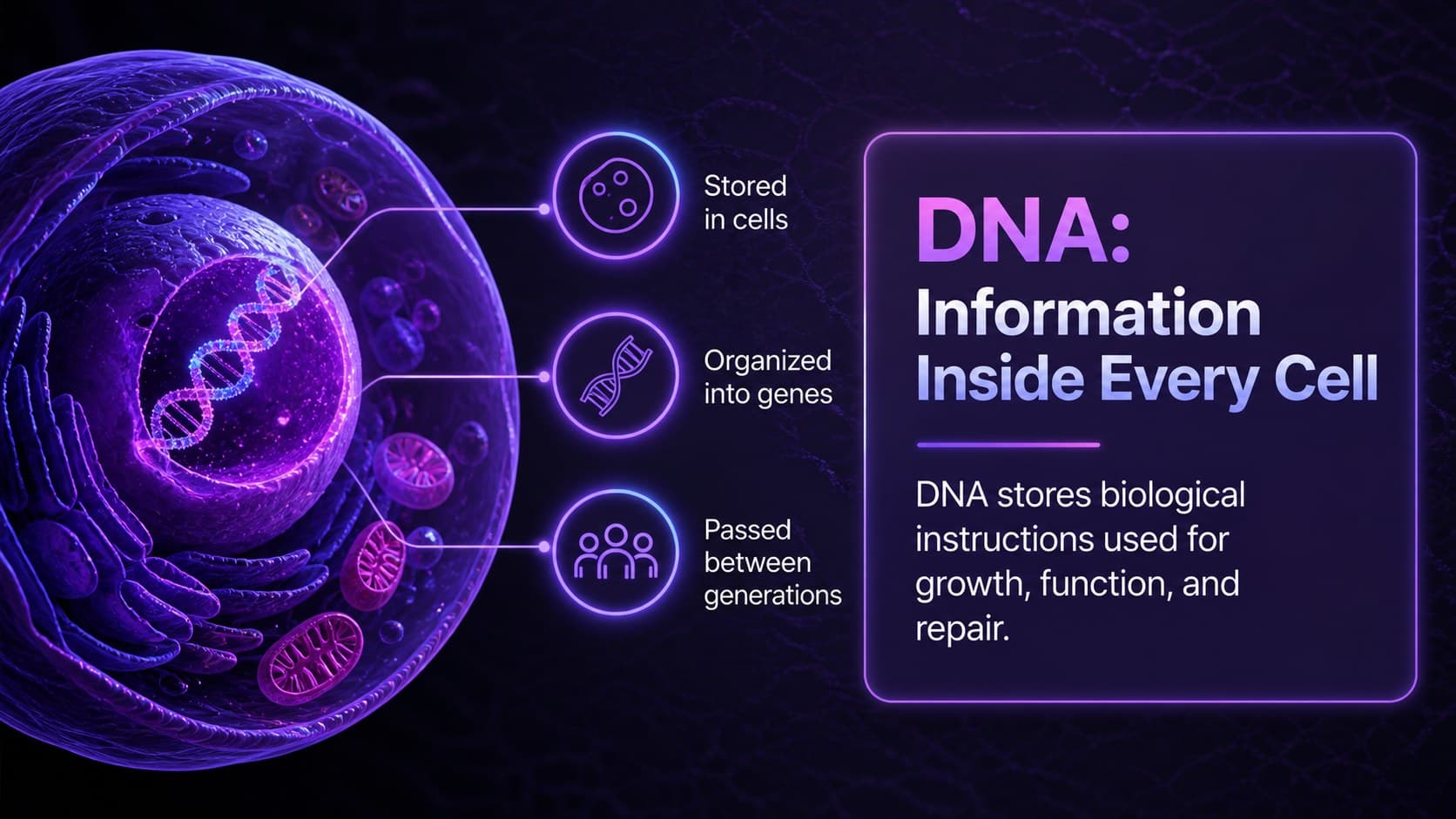 Medical genetics slide explaining DNA as the molecular blueprint stored within human cells.