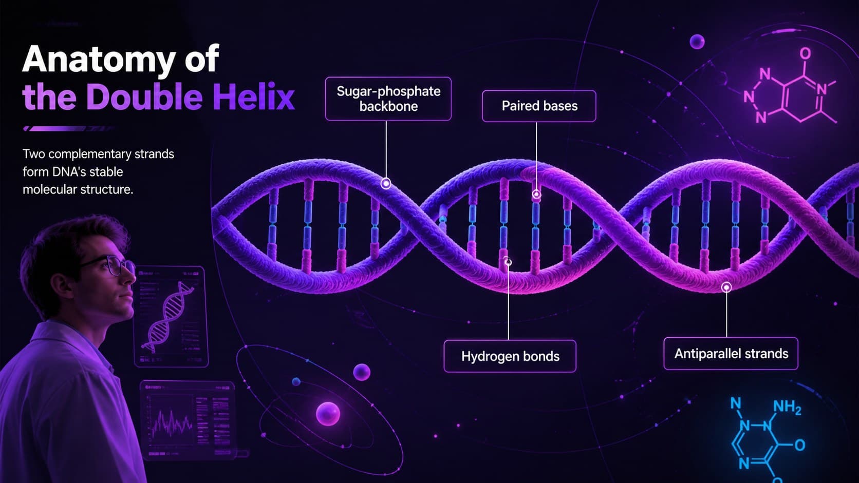 Molecular biology slide showing the double helix, nucleotide backbone, and paired bases in violet neon graphics.