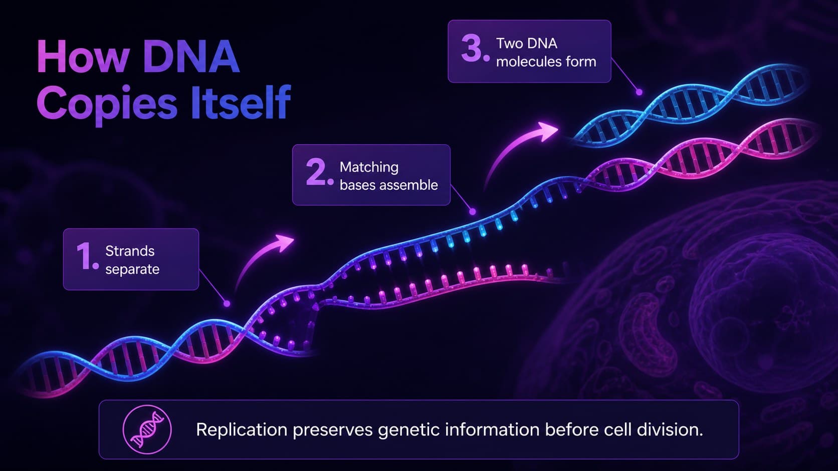 Genomics seminar slide illustrating the three main stages of DNA replication in a neon purple workflow.