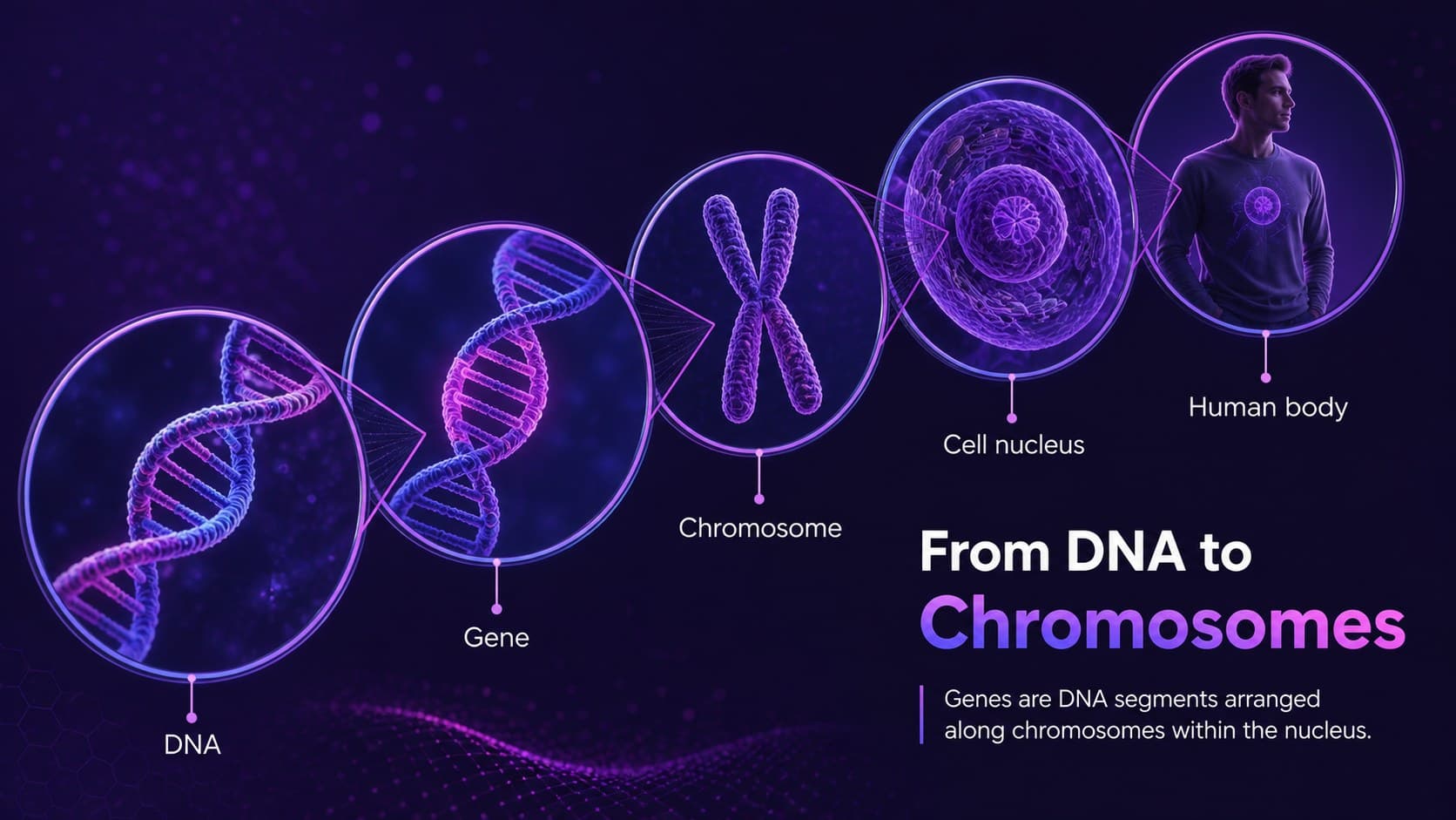 Medical genetics slide connecting DNA, genes, chromosomes, cells, and the human body through a visual hierarchy.
