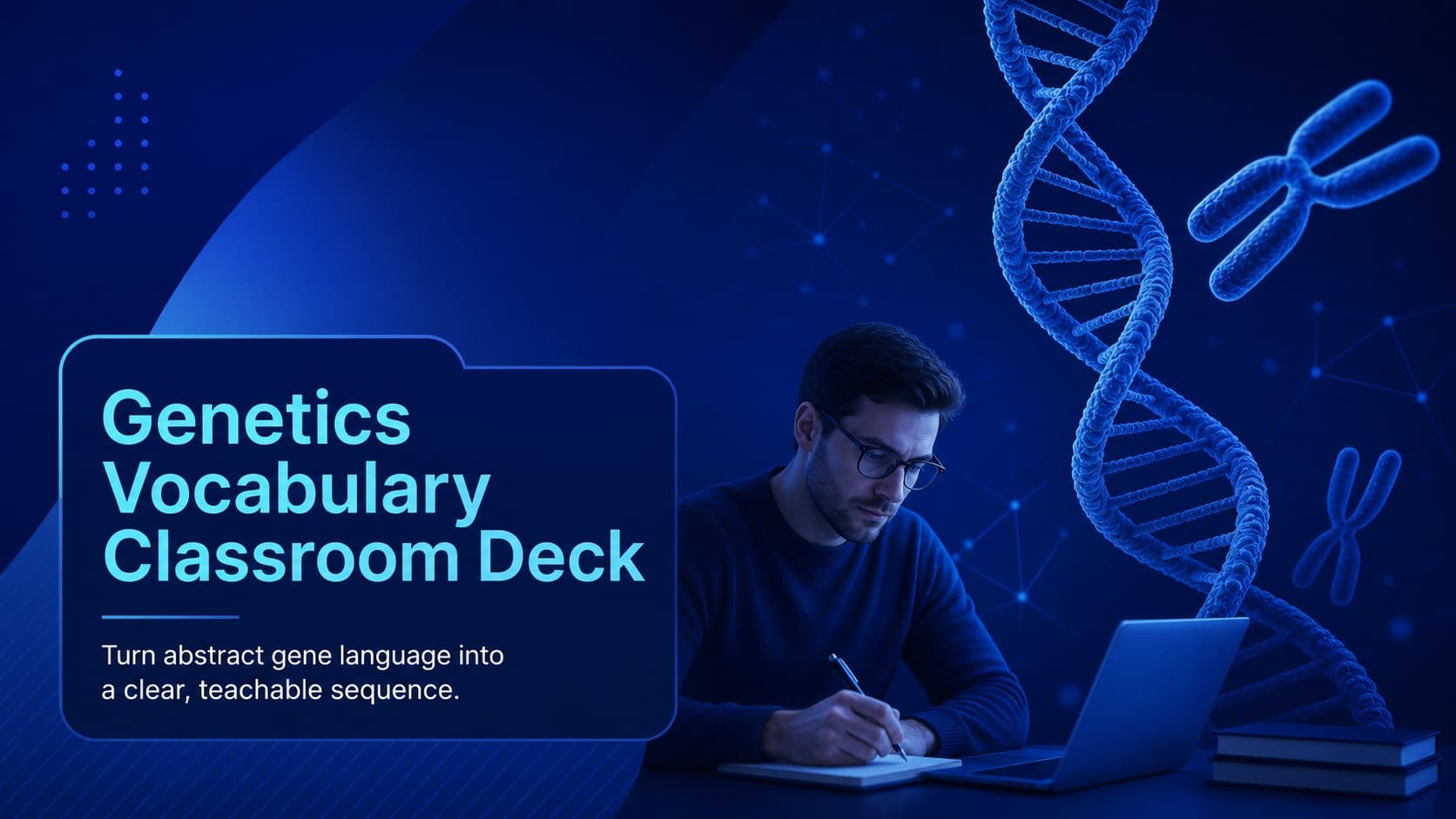 Blue cover for a Genetics Vocabulary Classroom Deck with modern DNA-inspired graphics.