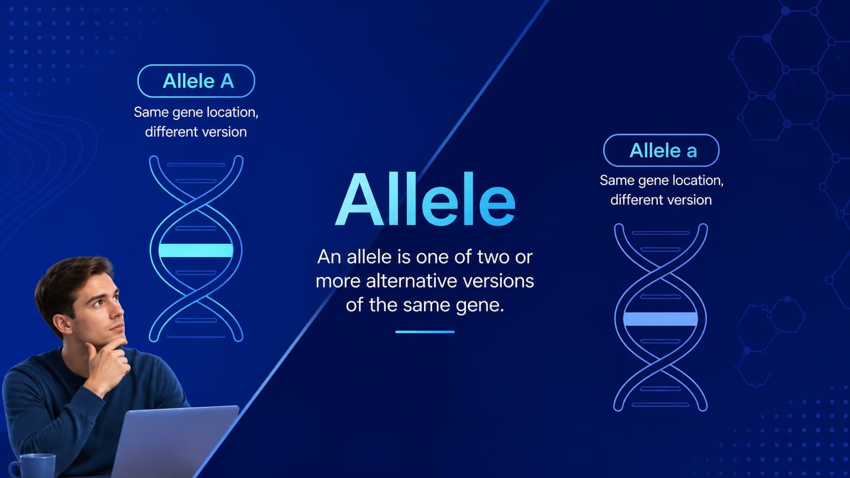 Genetics vocabulary slide defining alleles as alternative versions of a gene.