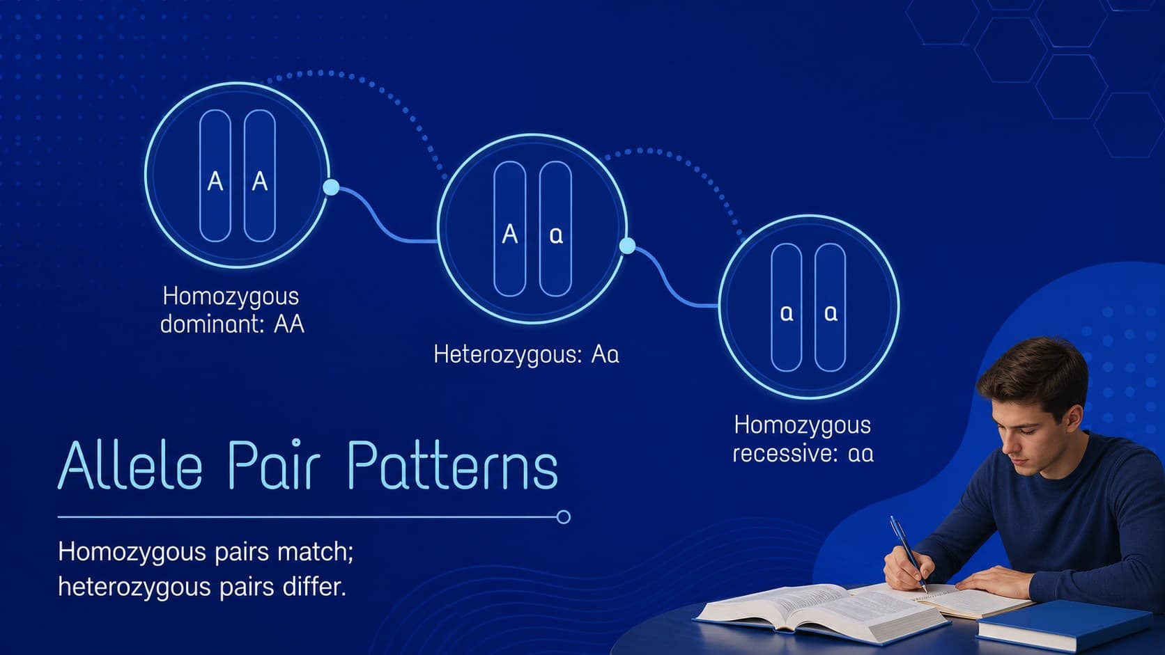 Homozygous and heterozygous allele pair examples in a genetics vocabulary deck.