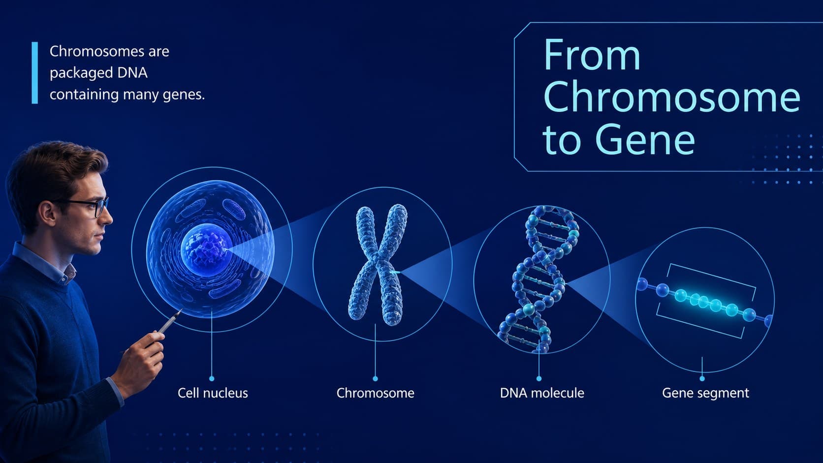 DNA genes and chromosomes teaching diagram showing their nested biological relationship.