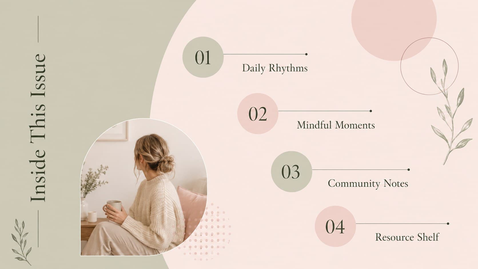 Wellness bulletin overview slide listing routines, mindful moments, community notes, and useful resources.
