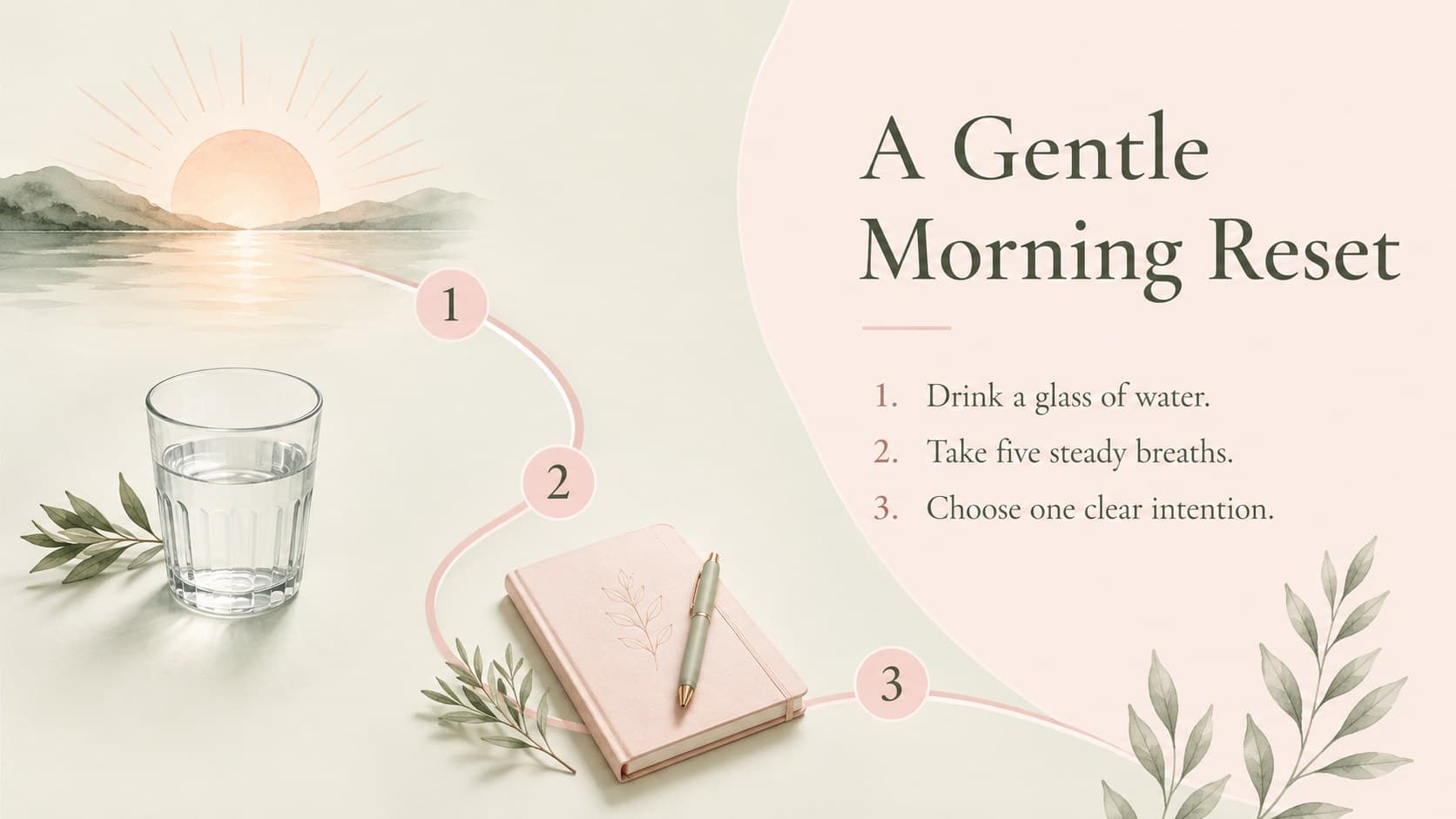 Pink and green wellness slide presenting a simple three-step morning reset routine.