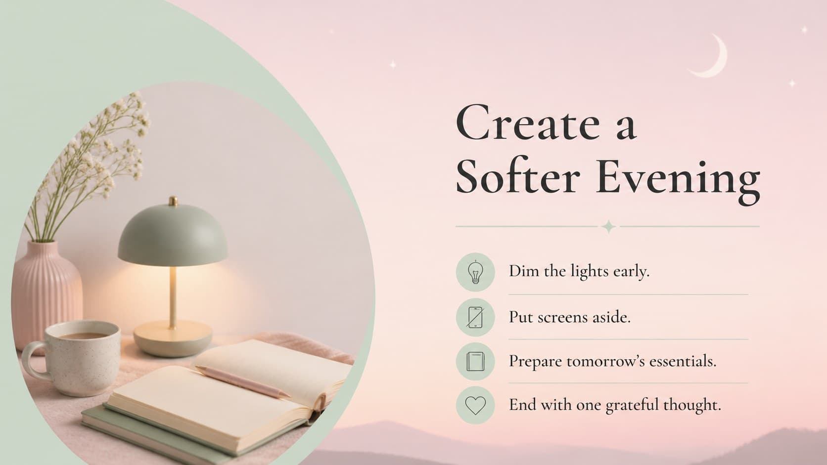 Elegant self-care presentation slide with a calming evening wind-down checklist.