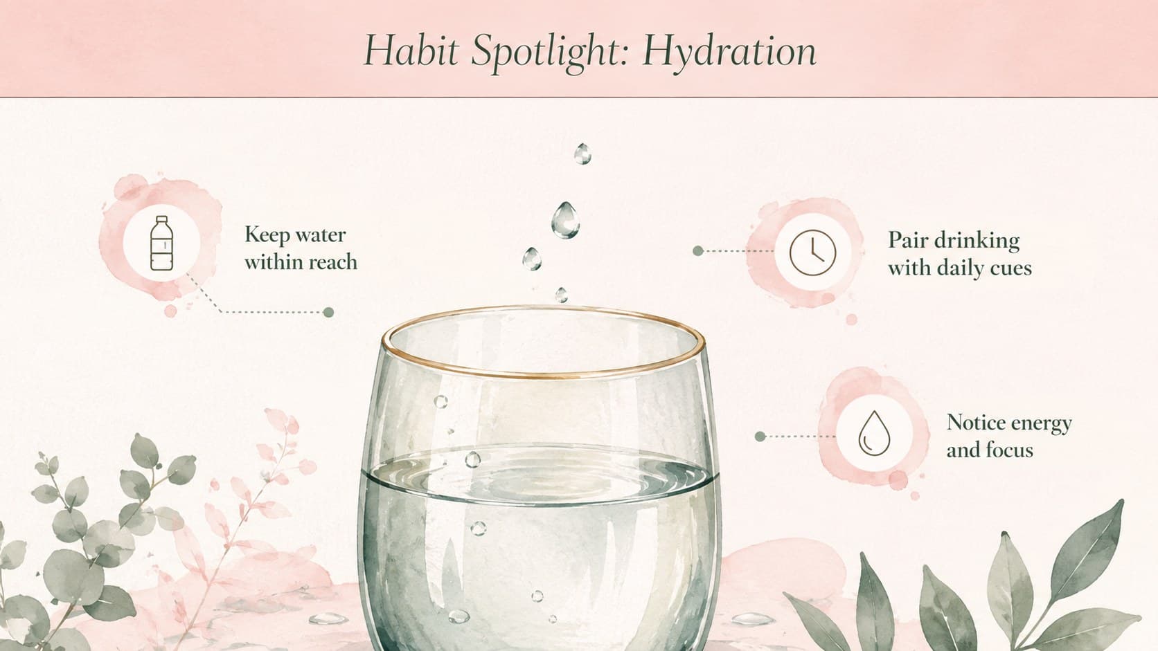 Pastel wellbeing update slide highlighting the benefits of a daily hydration habit.