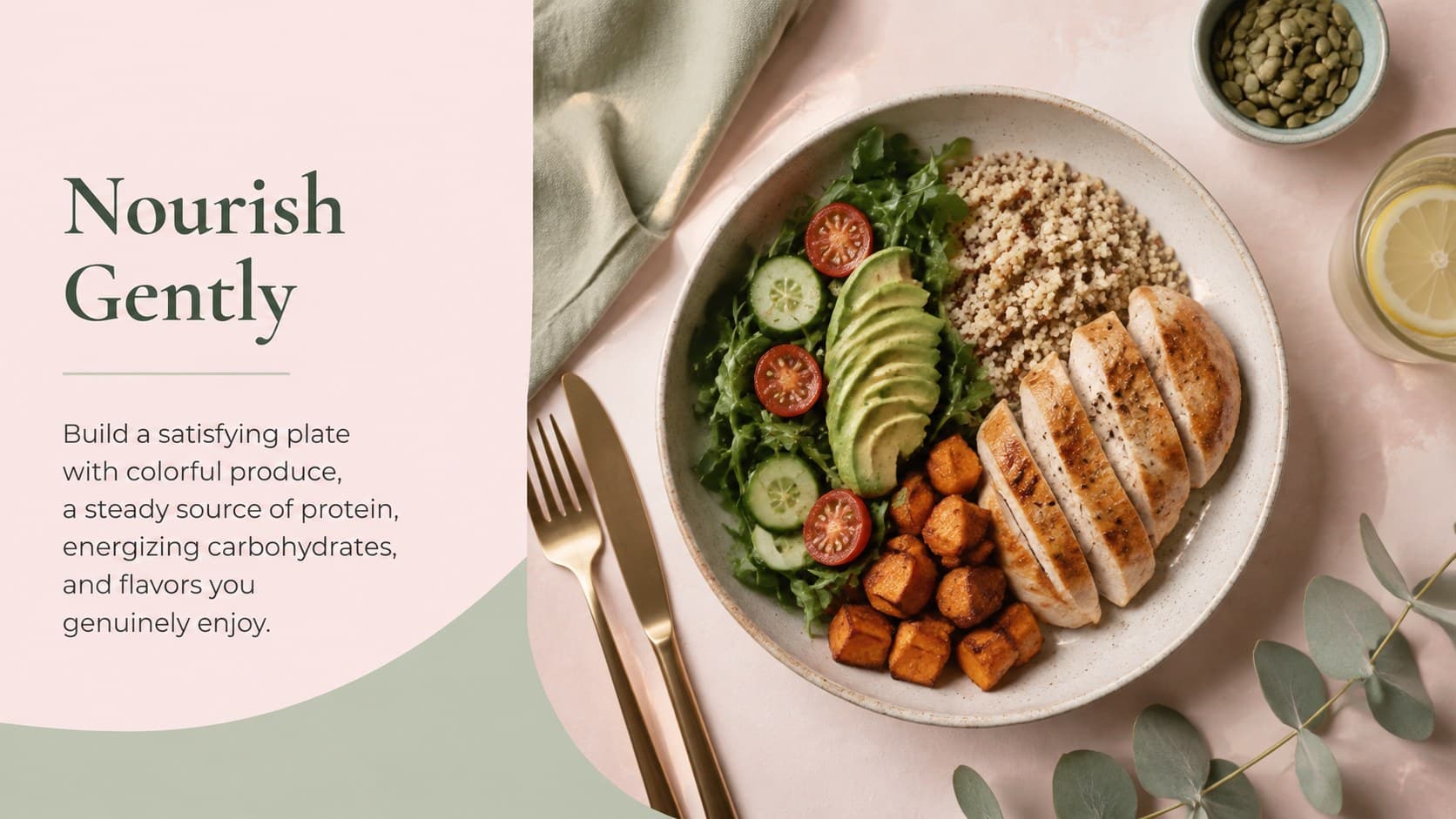 Wellness coach newsletter presentation slide sharing balanced meal-building suggestions.