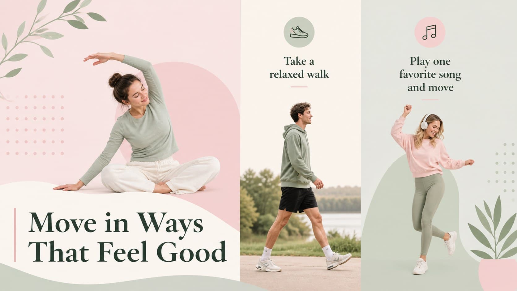 Pink and green wellness slides showing three approachable ideas for gentle daily movement.