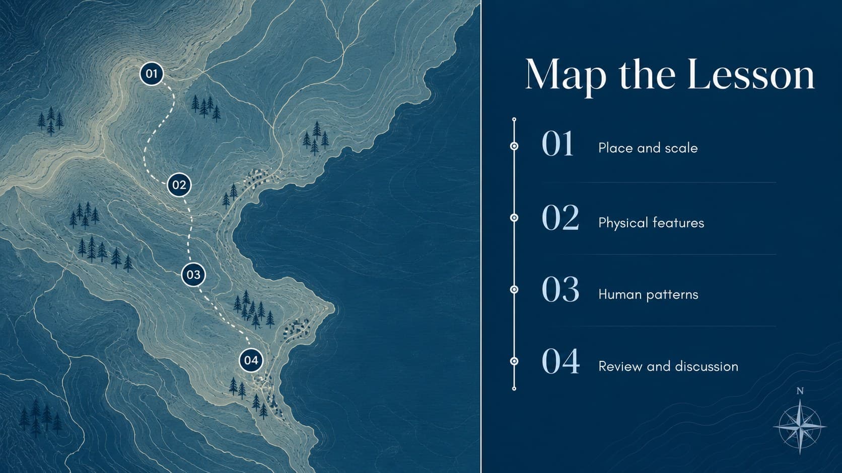 Agenda slide outlining an interactive geography lesson with blue map markers and editorial landscape styling.