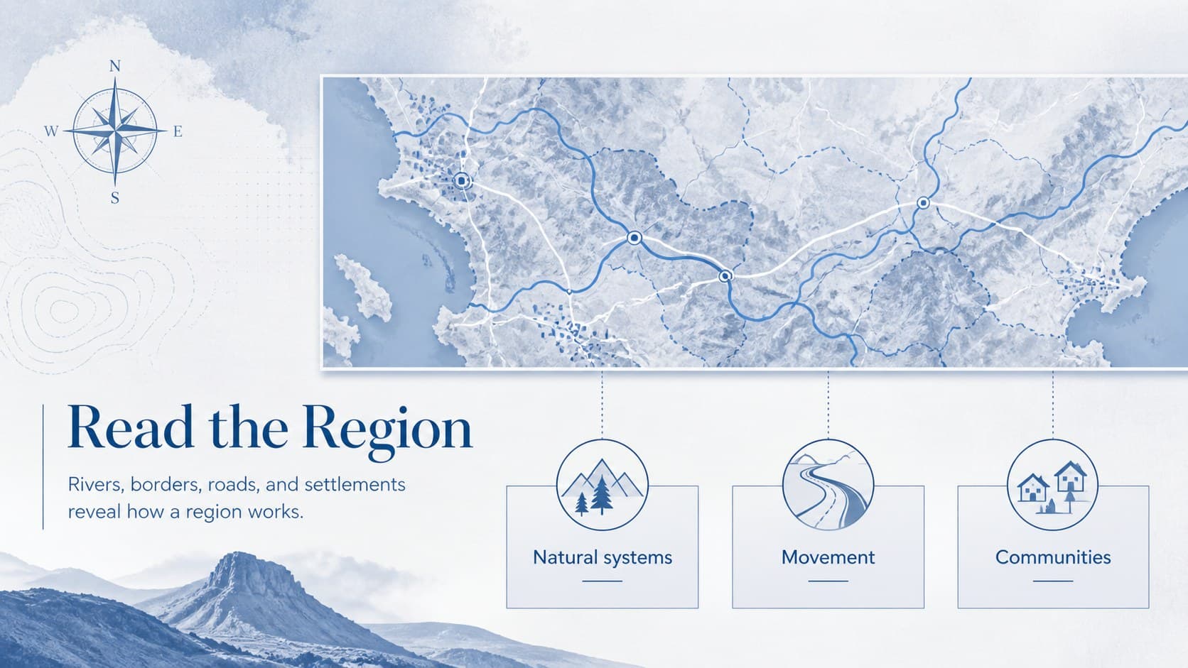 Blue map-based geography slide presenting a regional overview with labeled locations and concise facts.