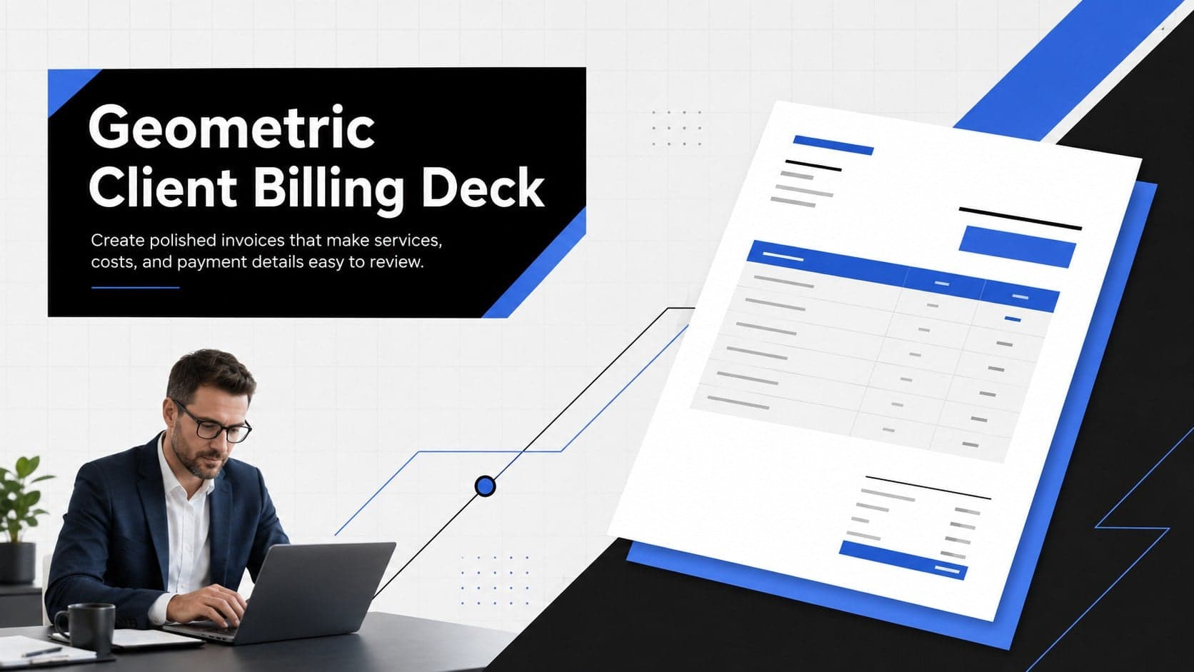 Cover of a Geometric Client Billing Deck with modern blue, grey, and black business graphics.