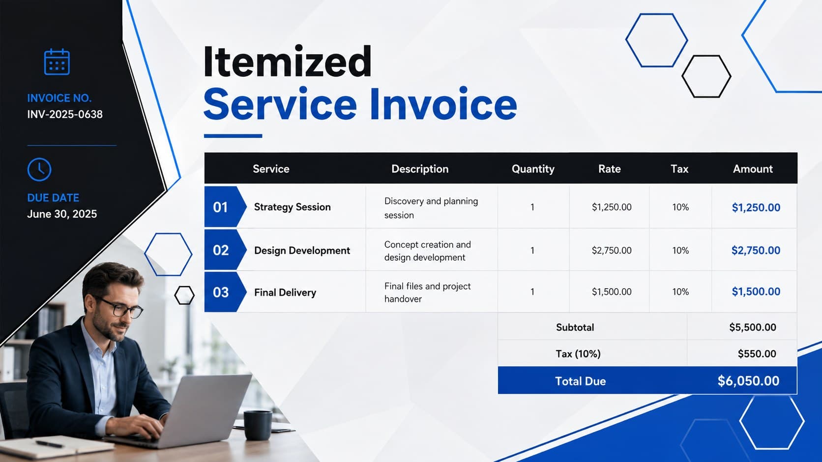 Editable client invoice presentation showing service rows, rates, taxes, and a clearly emphasized total.