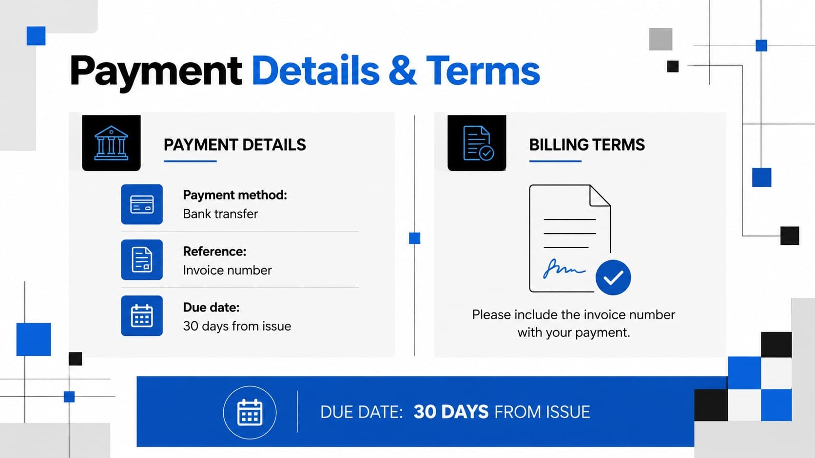 Professional service invoice deck page outlining payment methods, due date, and billing terms.