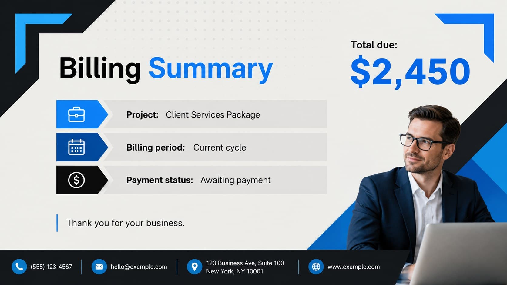 Small business billing presentation summary with project total, payment status, and client contact details.