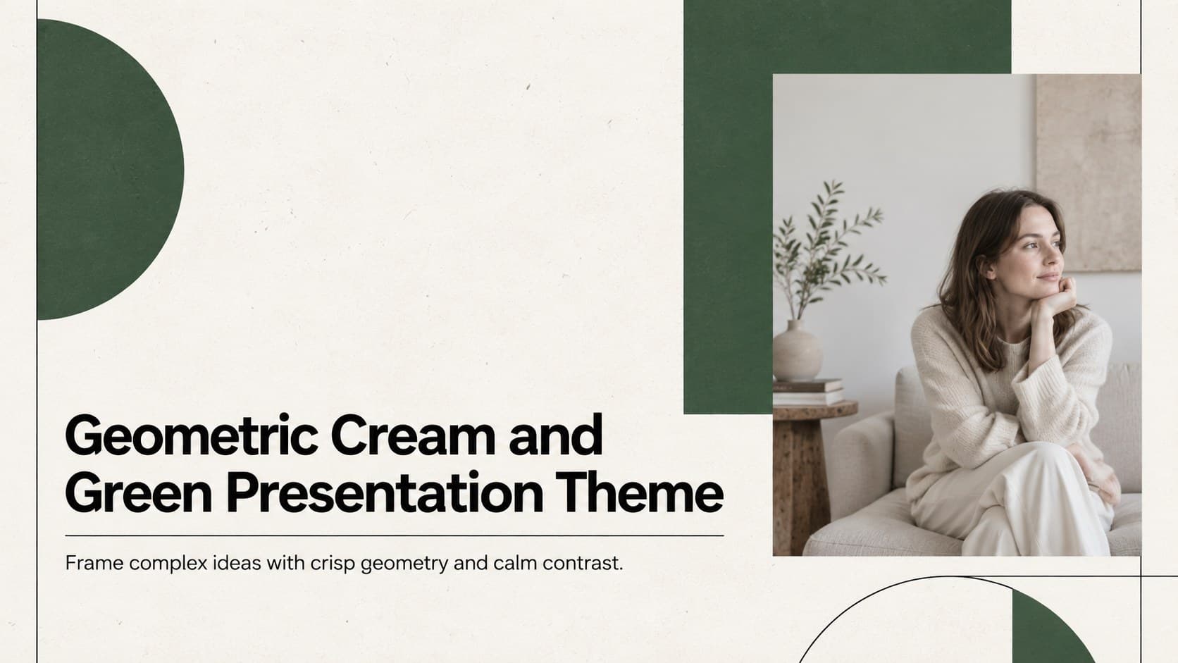Cover of the Geometric Cream and Green Presentation Theme with bold blocks and a refined editorial title.