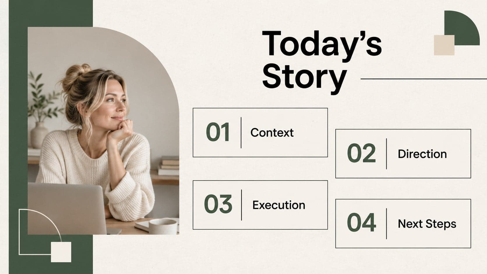 Minimal geometric agenda slide outlining a presentation story in four clear sections.