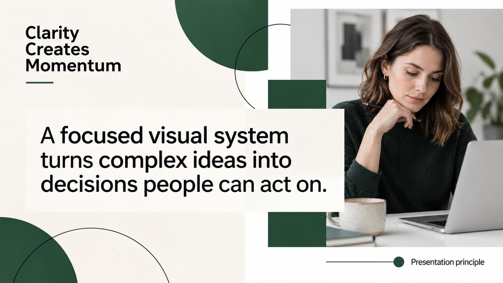 Cream and green presentation overview featuring a concise central message and geometric accents.