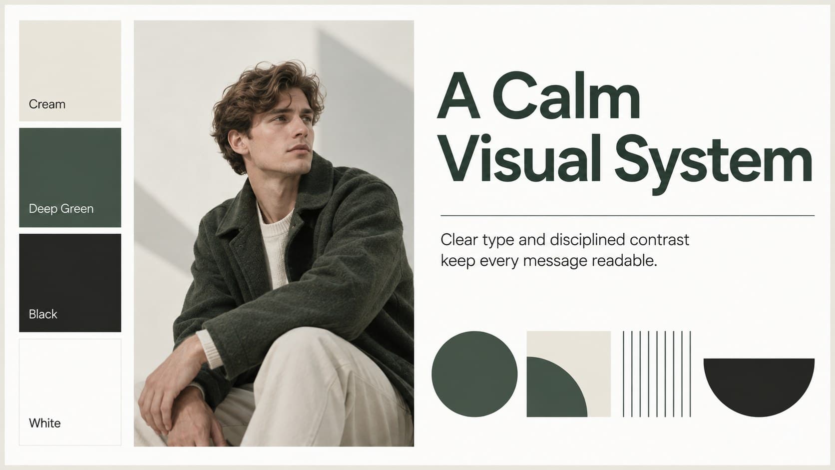 Brand system slide displaying cream, green, black, and white swatches with modern typography.