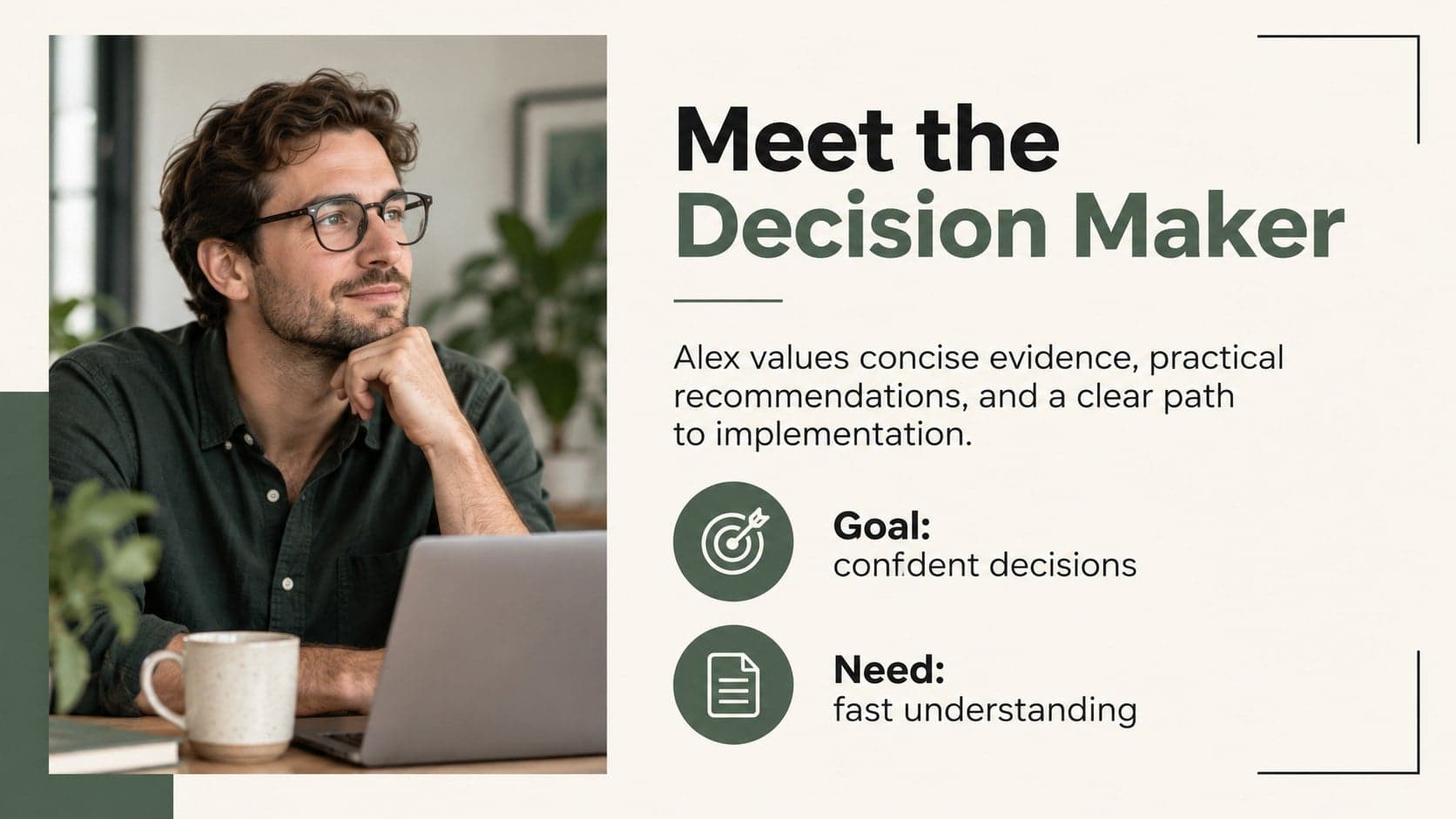Clean branding presentation slide with a new audience portrait and concise profile details.
