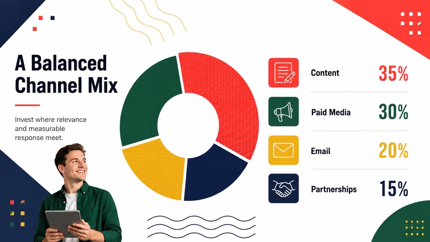 Marketing channel mix slide allocating effort across content, paid media, email, and partnerships.