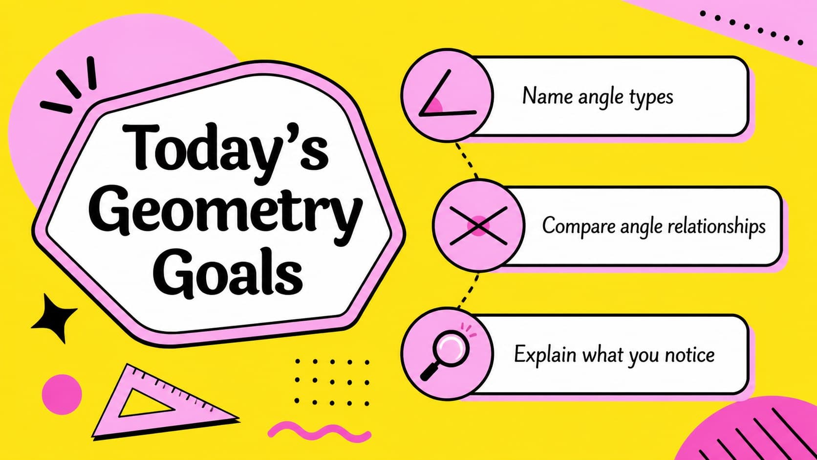 Geometry learning goals slide with colorful angle illustrations and classroom-friendly objectives.
