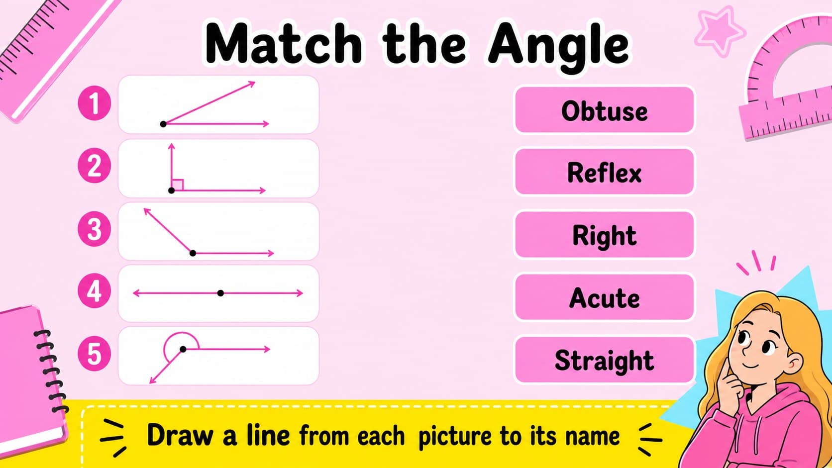 Matching activity slide pairing angle drawings with their correct names.