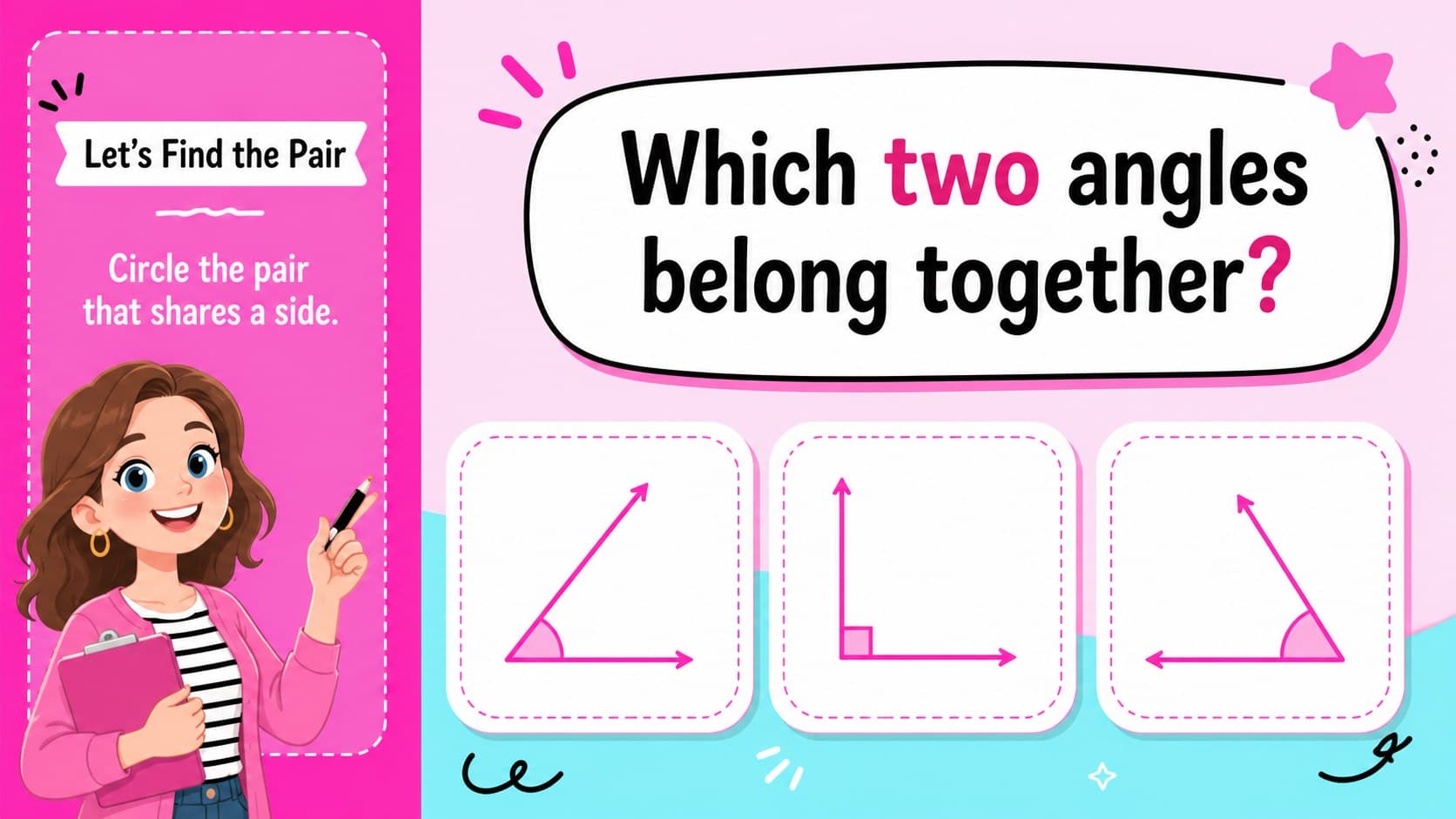 Guided practice slide asking students to identify angle pairs in colorful shapes.