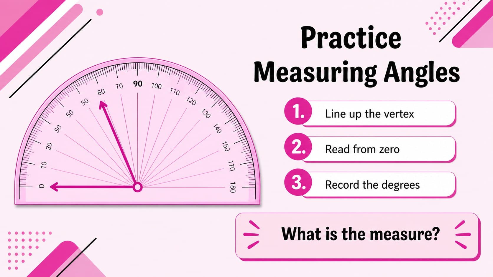 Angle measurement practice slide with protractor graphics and simple student questions.