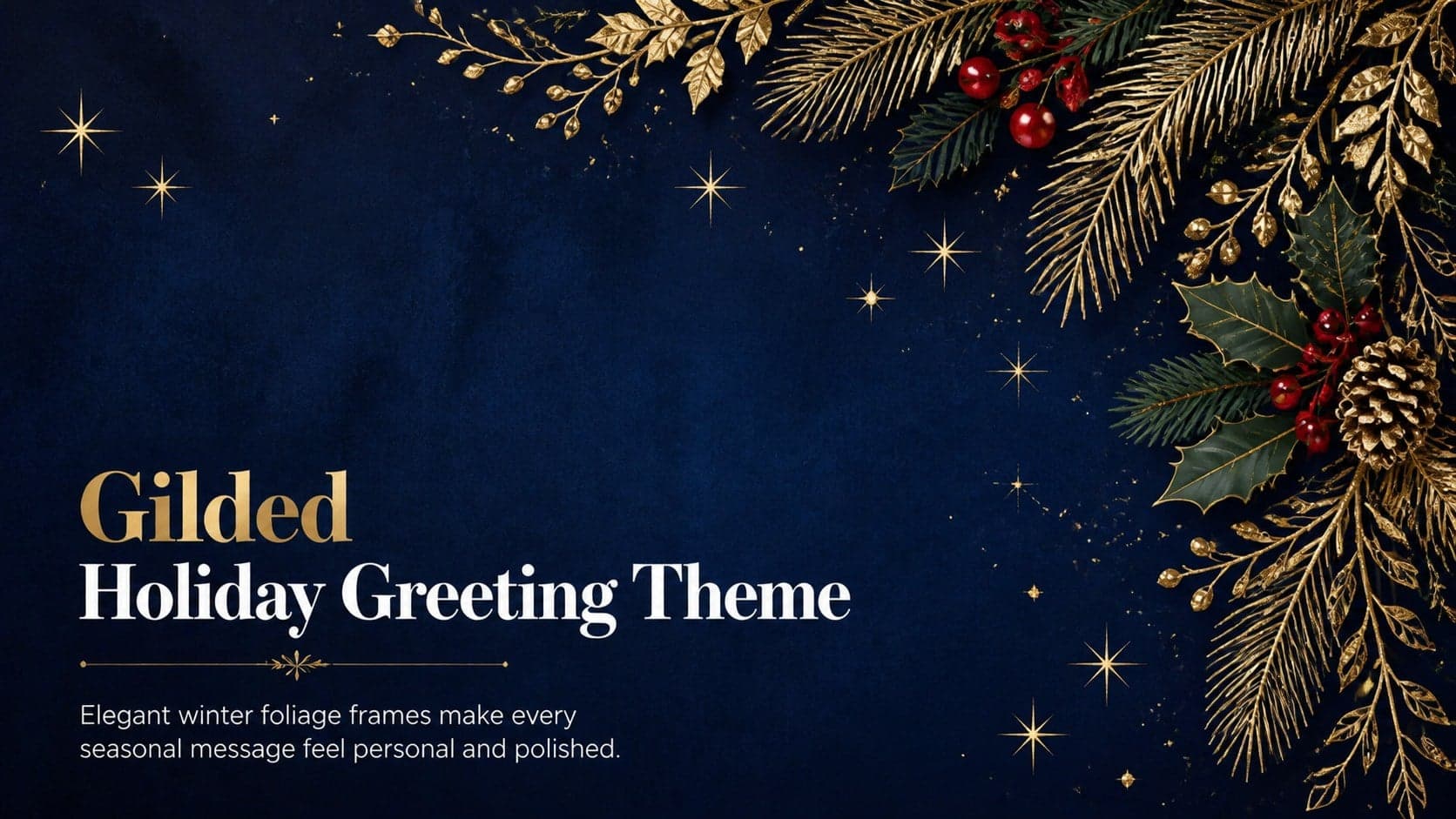 Cover of the Gilded Holiday Greeting Theme with gold winter foliage framing a deep blue festive background.