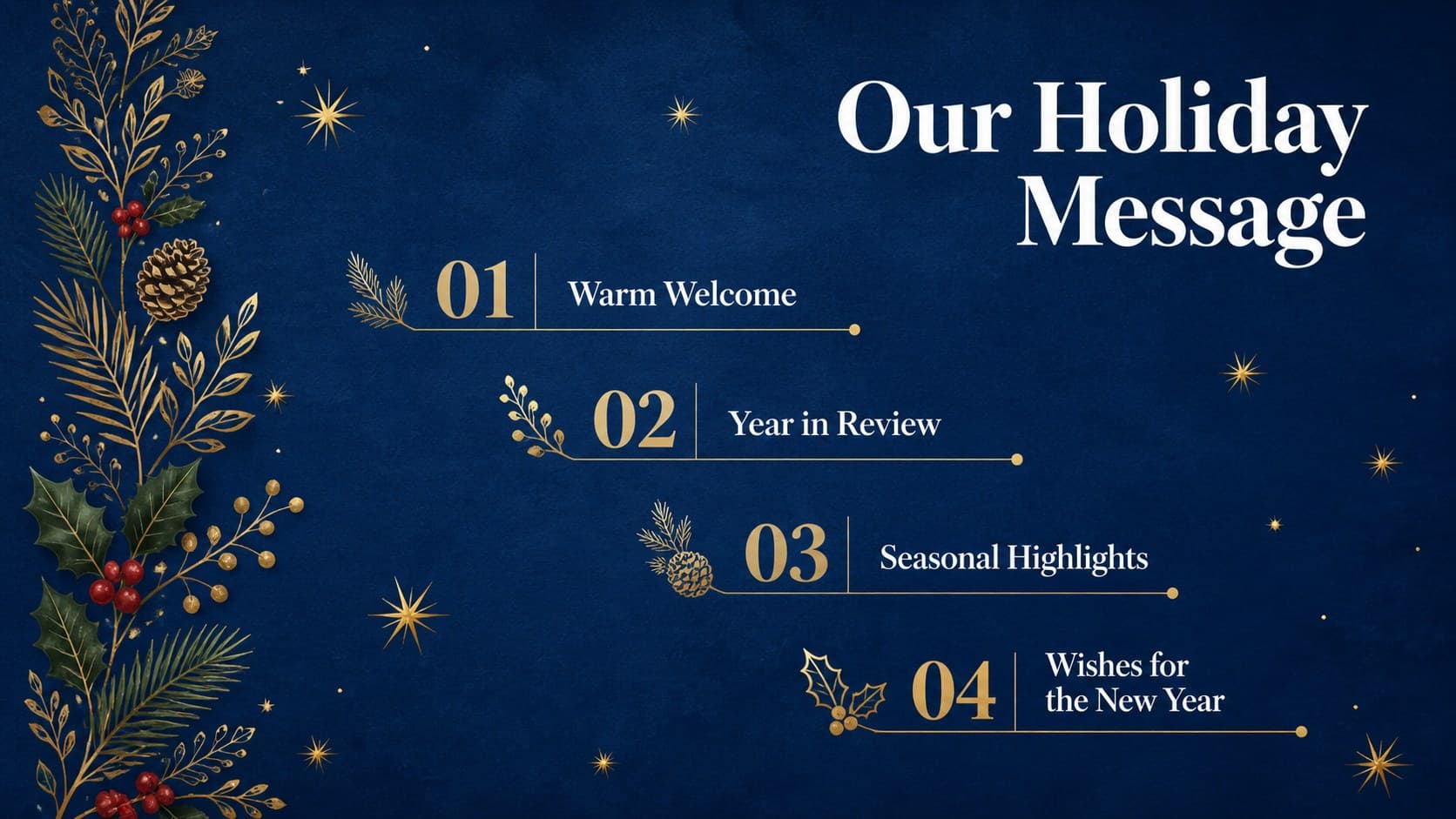 Holiday presentation agenda with four sections and elegant gold foliage accents on a blue background.