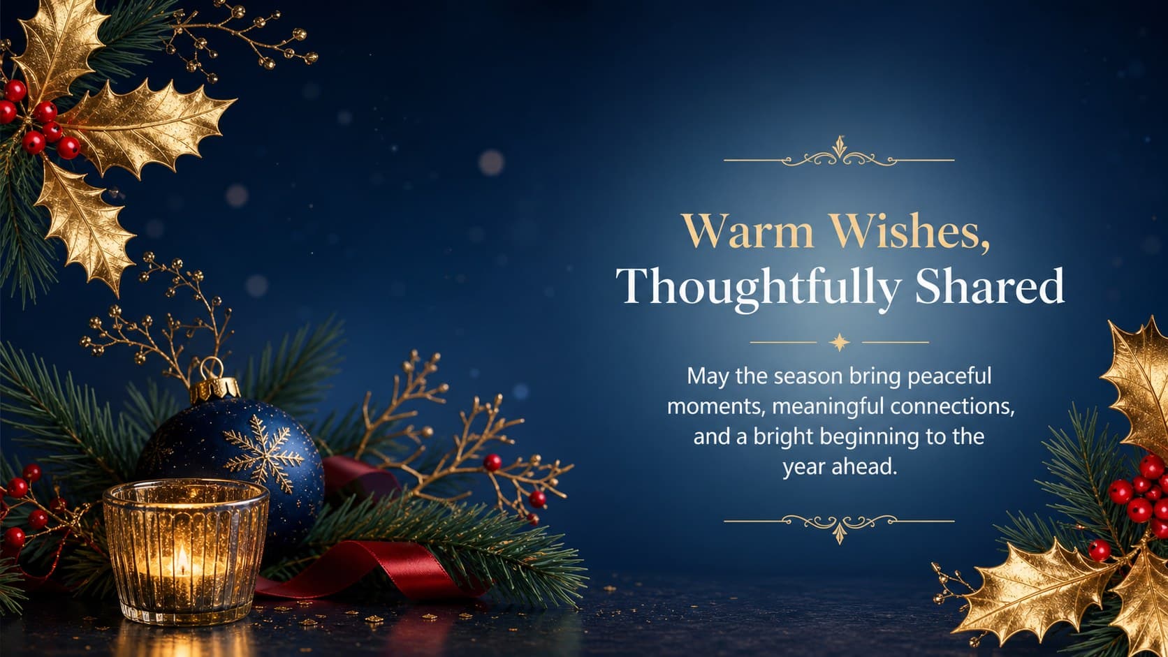 Christmas greeting slide featuring a centered seasonal message and an asymmetrical golden botanical border.