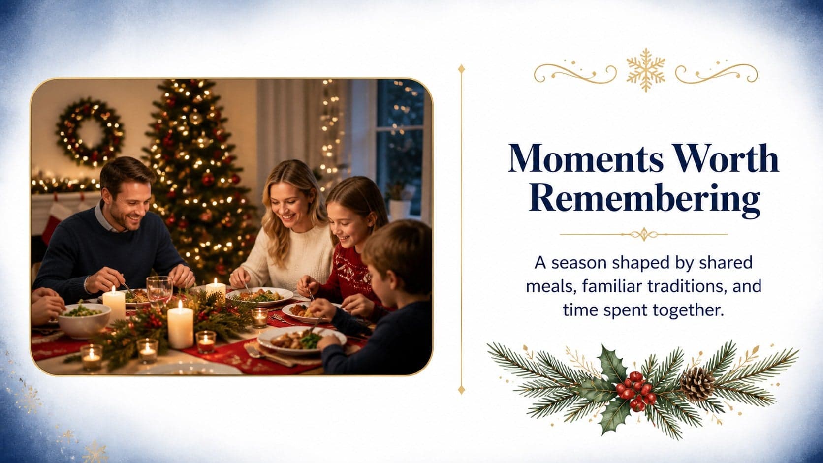 Elegant gold Christmas PowerPoint layout with a family photo and a short holiday reflection.