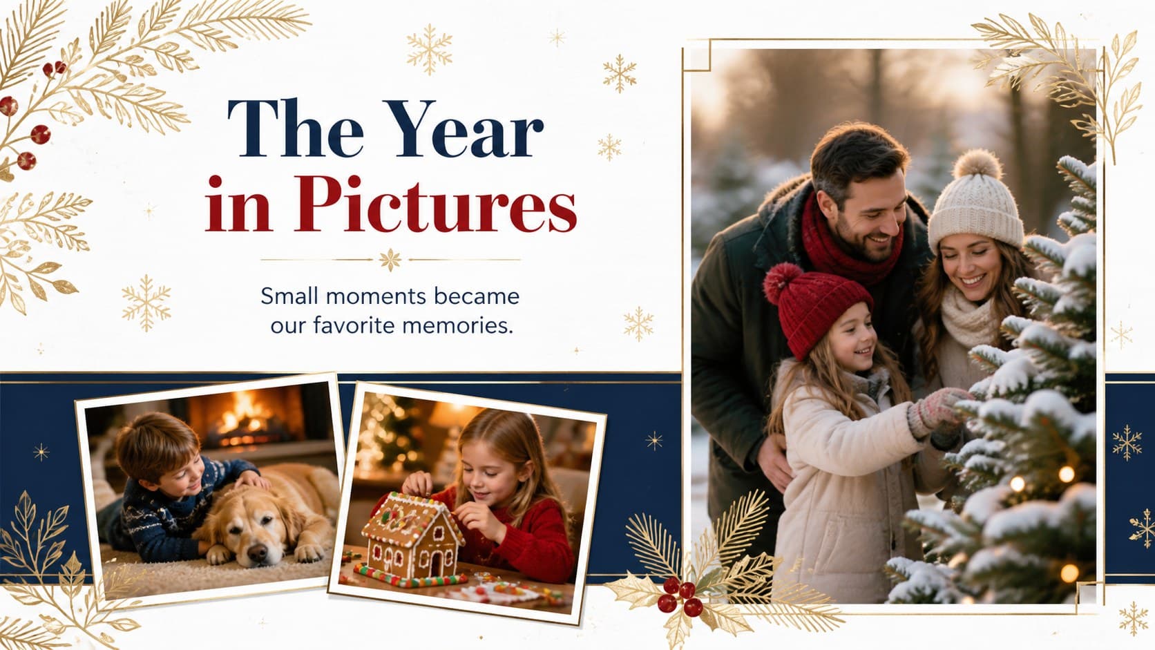 Festive family photo presentation collage bordered by delicate gold leaves and winter berries.