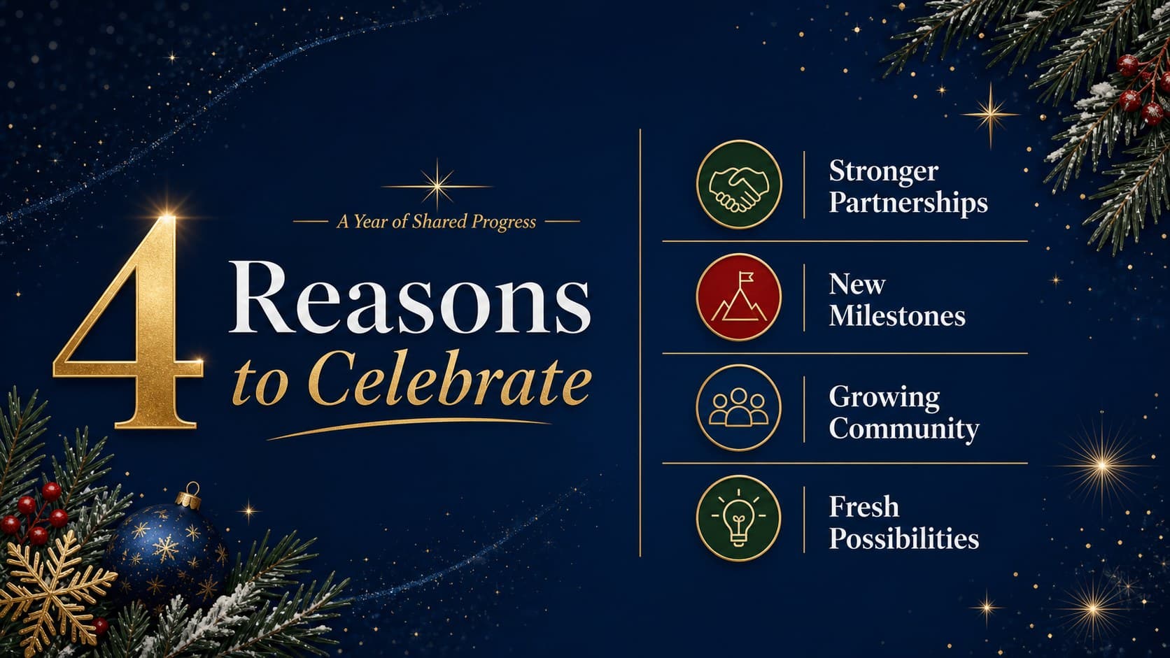 Corporate Christmas message slide presenting four year-end achievements with gold iconography.