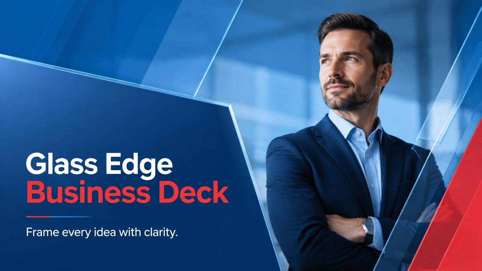 Glass Edge Business Deck cover with translucent framing, blue surfaces and a restrained red accent.