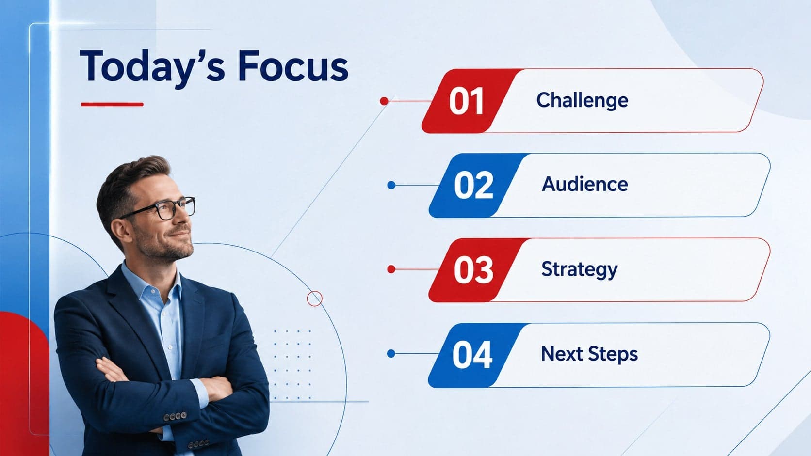 Clean blue business presentation agenda arranged beside a transparent vertical edge.