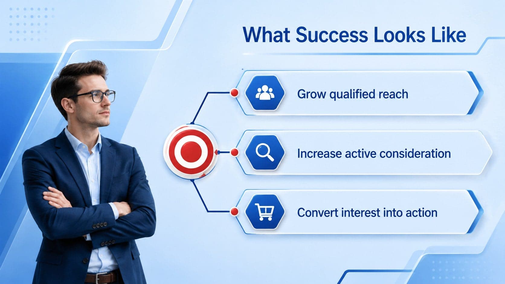 Blue and red proposal template slide showing three measurable campaign objectives.