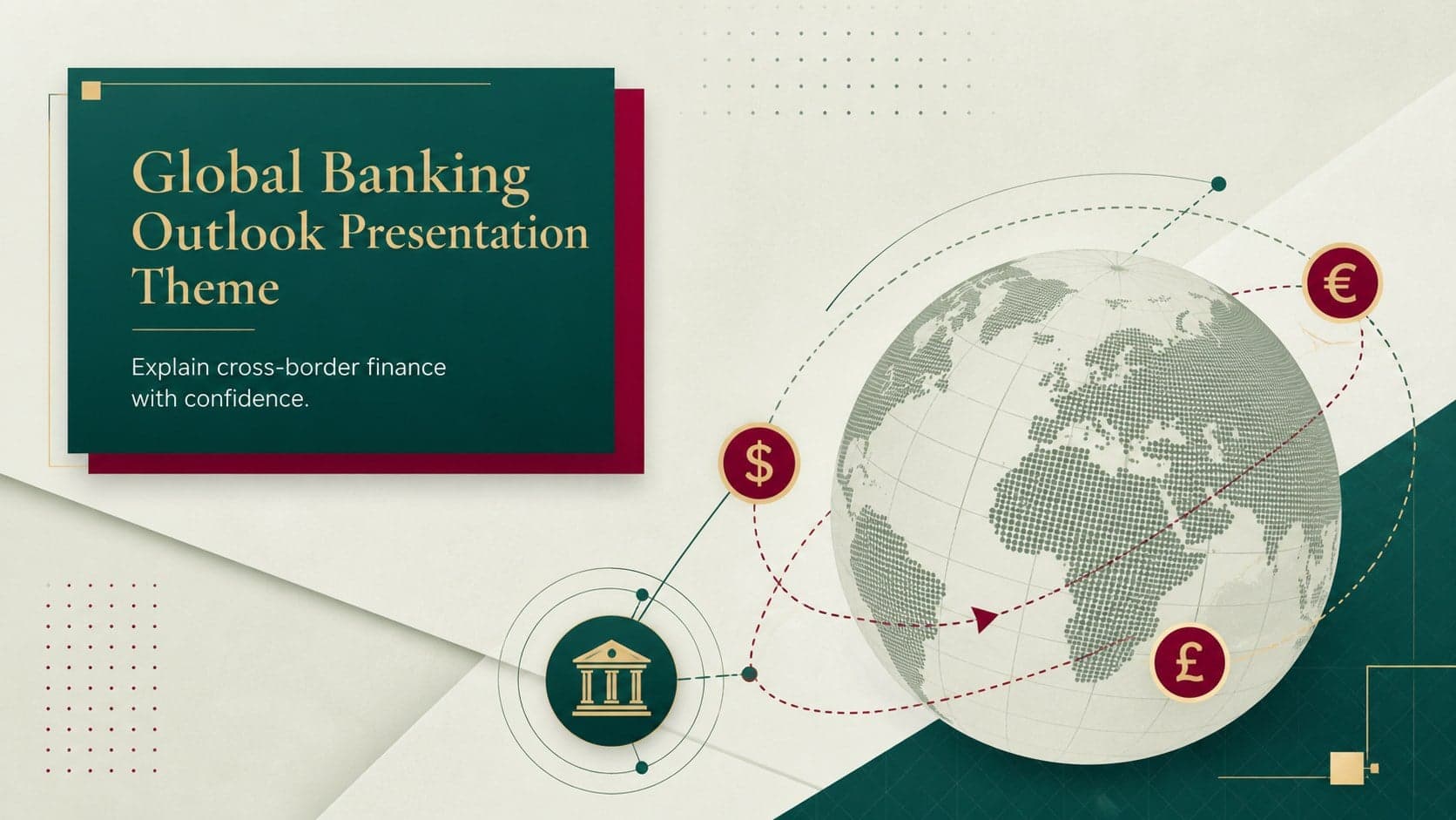 Cover of the Global Banking Outlook Presentation Theme in a minimal green and red editorial style.