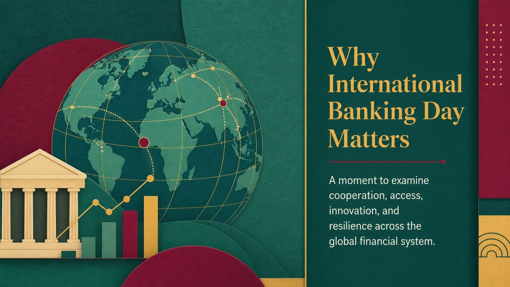 International Banking Day introduction slide with global finance symbols and a concise event overview.